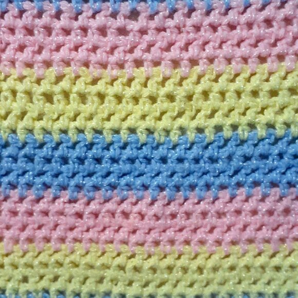 Handmade Crocheted Striped Baby Blanket Afghan Yellow, Pink, and Blue 46 x 33 - Picture 2 of 4